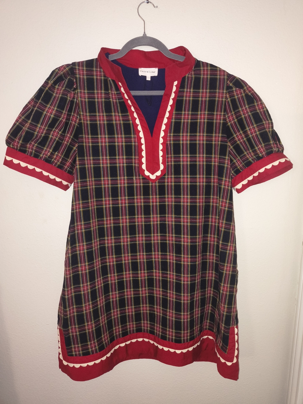 Entro XL Plaid Tunic Top Red Navy Scallop Trim Puff Sleeve Preppy Holiday